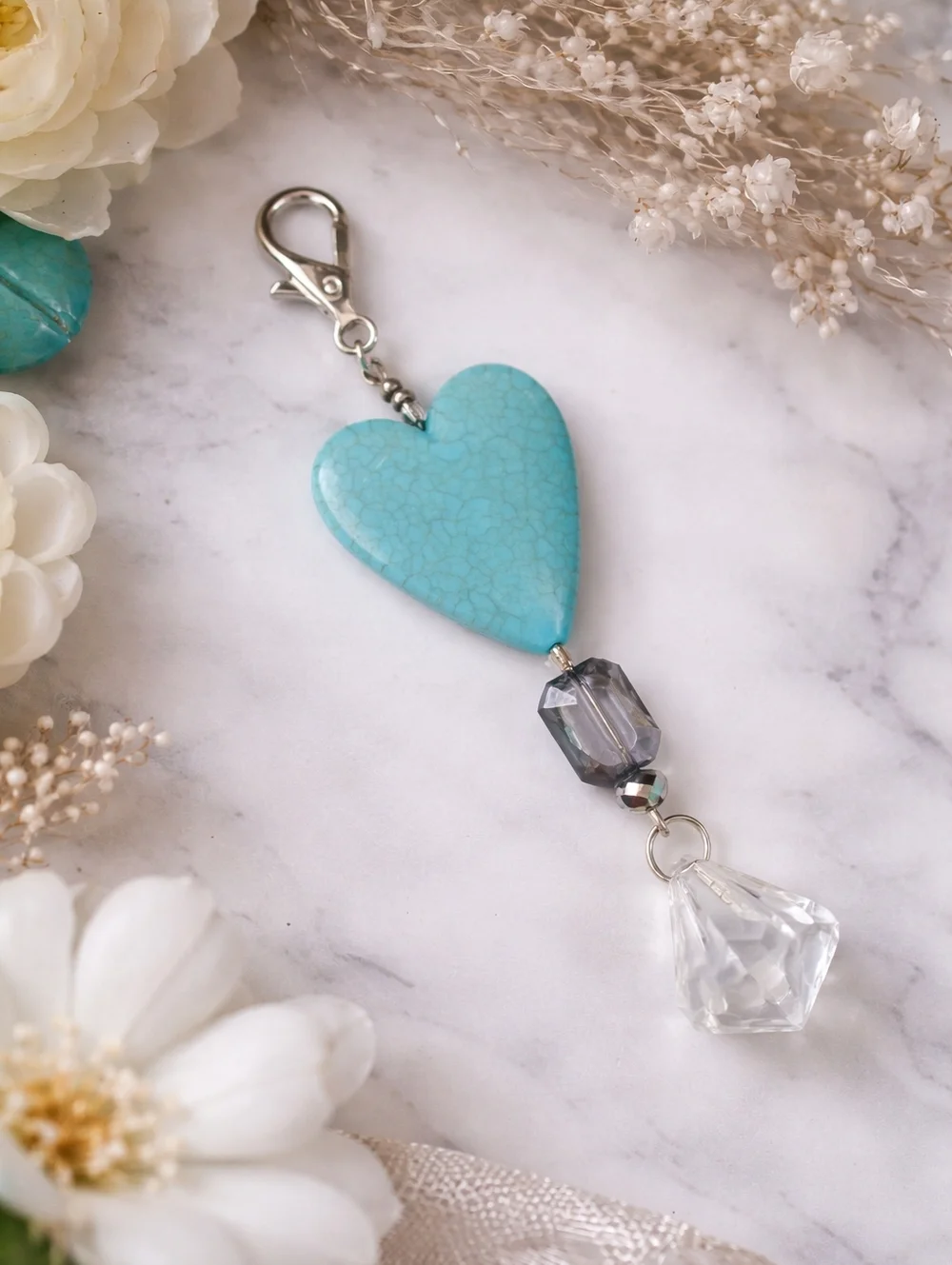 Handmade Turquoise Heart Crystal Keychain Aesthetic Cute Bag Charm Gift